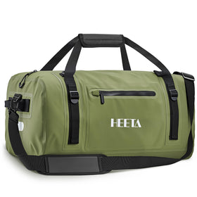 HEETA front view of 30L duffel showing durable shell and storage benefit