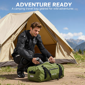 HEETA duffel at campsite showing weatherproof storage for multi-day outdoor gear
