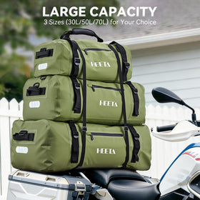 HEETA bag mounted on motorcycle rack showing stable attachment and safety