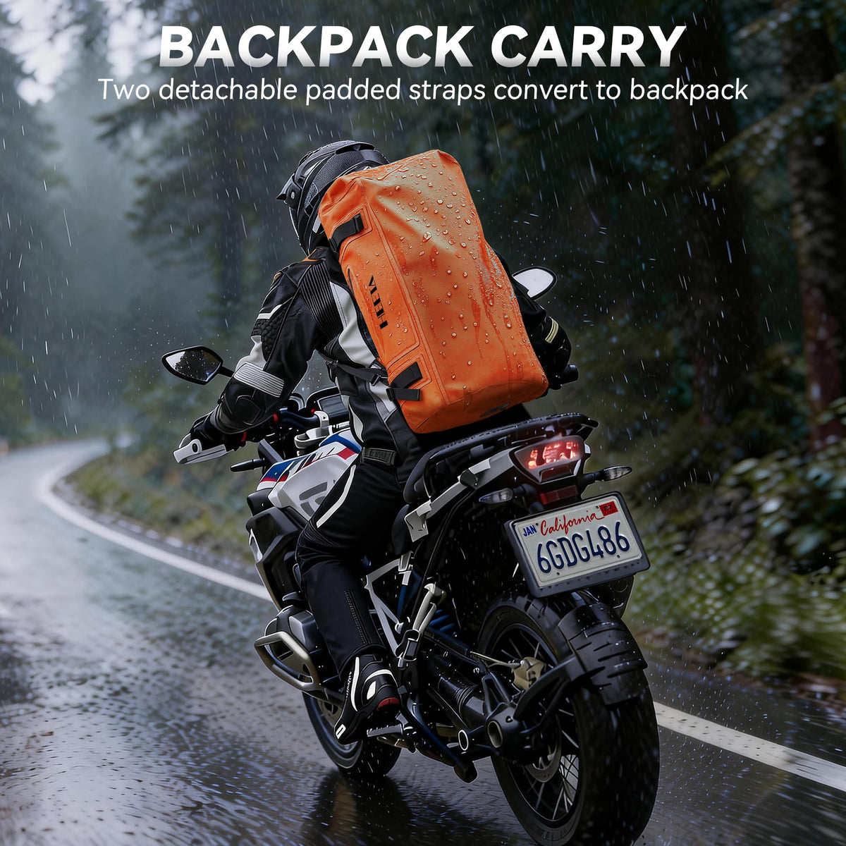 HEETA packed bag beside helmet to show 70L capacity and scale