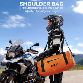 HEETA next to helmet showing 30L scale and travel-ready capacity