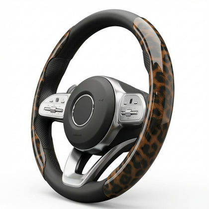 HEHKJDNBY front view of leopard steering cover showing glossy design and stylish upgrade