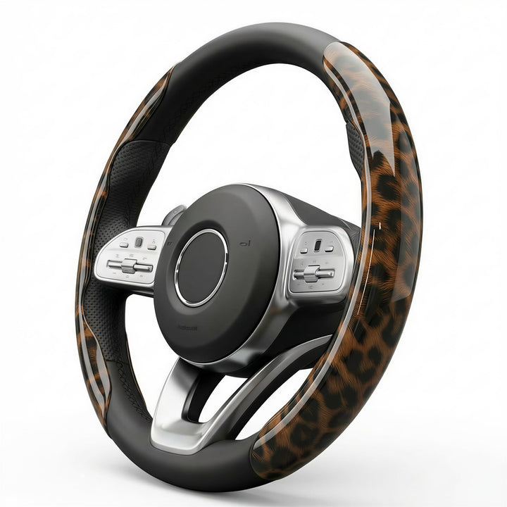 HEHKJDNBY front view of leopard steering cover showing glossy design and stylish upgrade