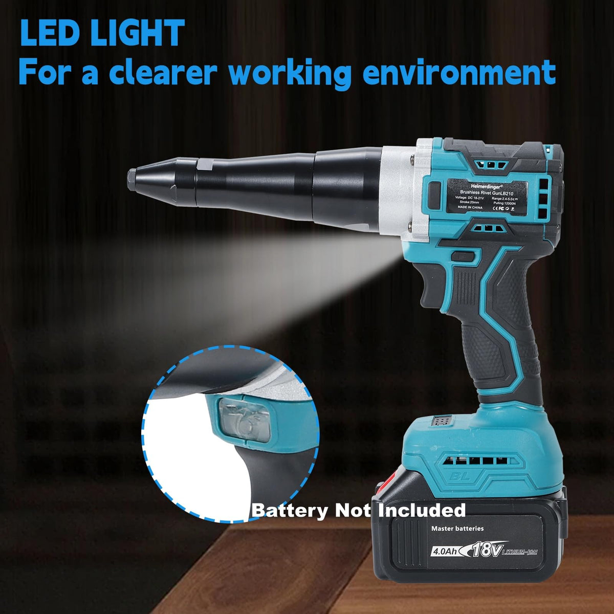 Heimerdinger rivet gun next to Makita 18V battery showing scale and portability