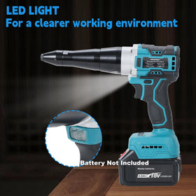 Heimerdinger rivet gun next to Makita 18V battery showing scale and portability