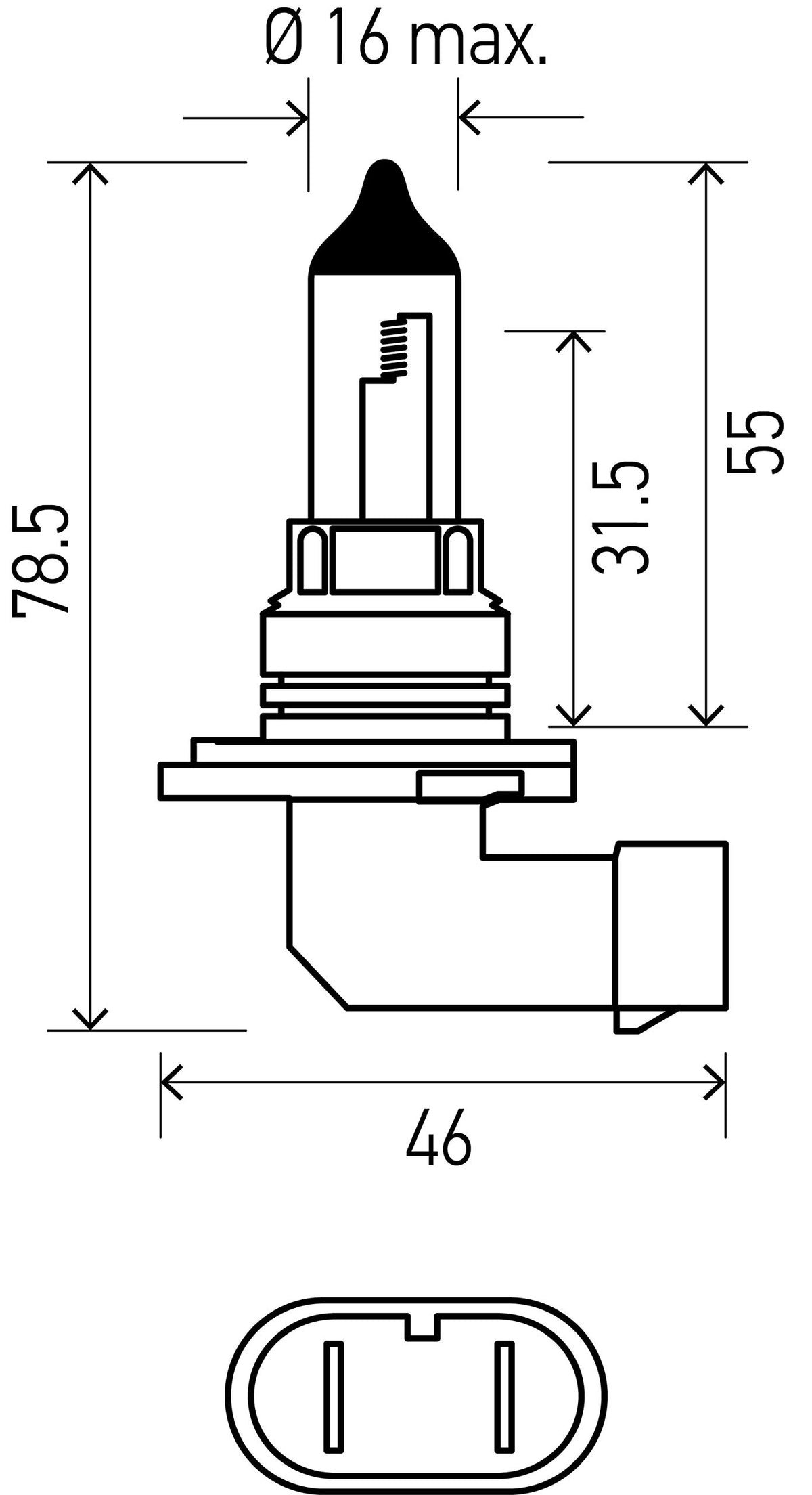 HELLA 9006 YL beside a ruler demonstrating compact 9006 size for easy fitment