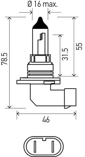 HELLA 9006 YL beside a ruler demonstrating compact 9006 size for easy fitment