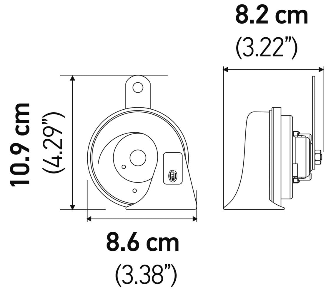 HELLA trumpet horn beside ruler showing compact size and straightforward replacement benefit