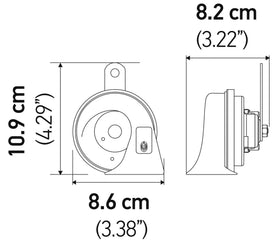 HELLA trumpet horn beside ruler showing compact size and straightforward replacement benefit