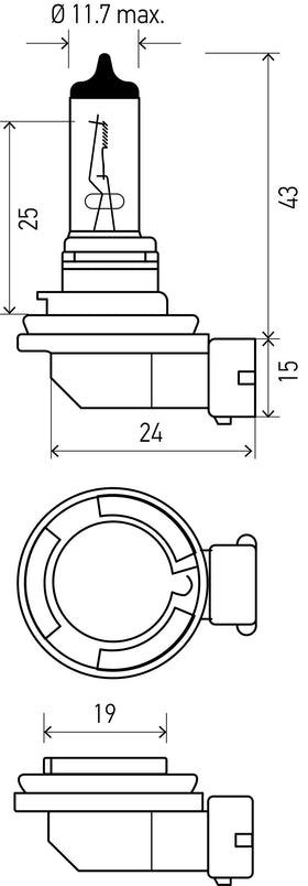 HELLA H11 YL held in hand next to ruler showing compact H11 fit for straightforward replacement
