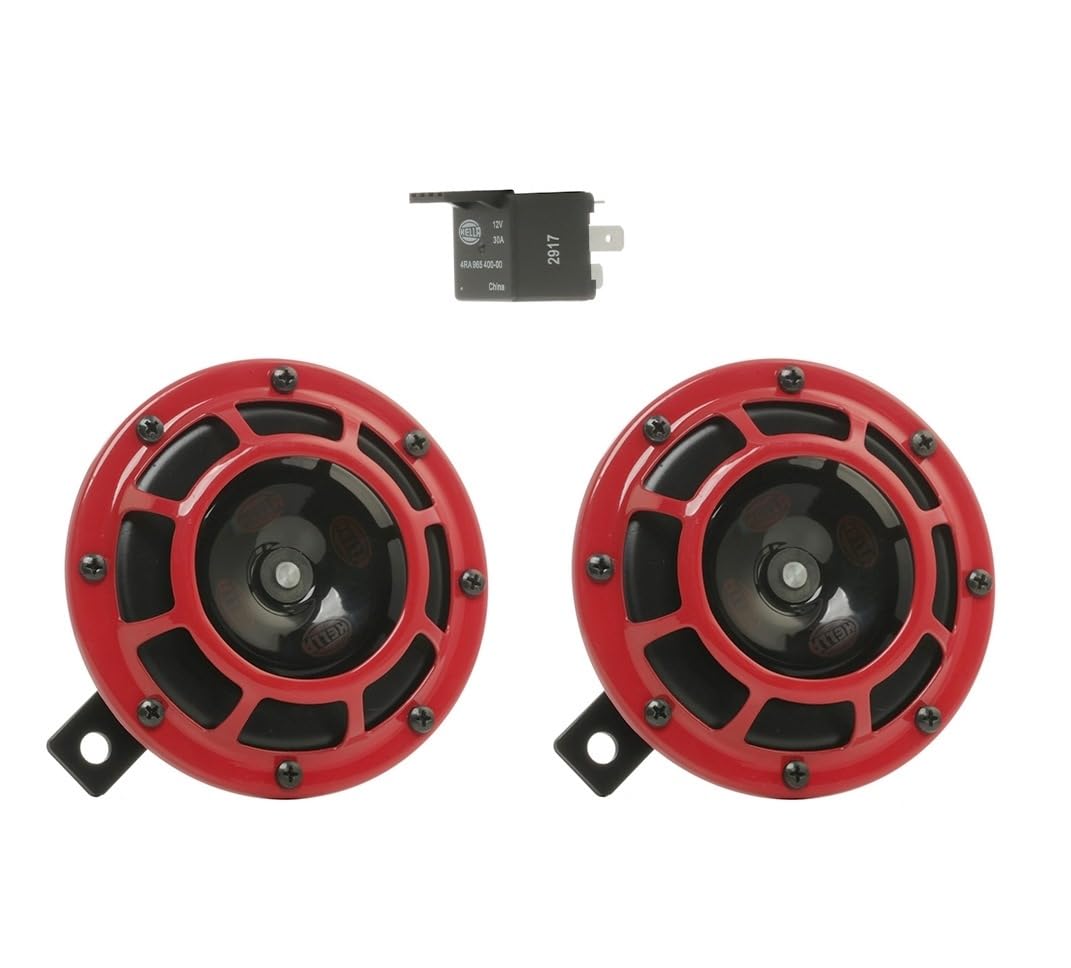 Hella red Stark Sound front view showing horn pair and bold color for visibility