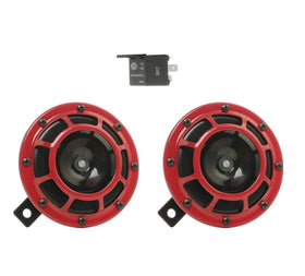 Hella red Stark Sound front view showing horn pair and bold color for visibility