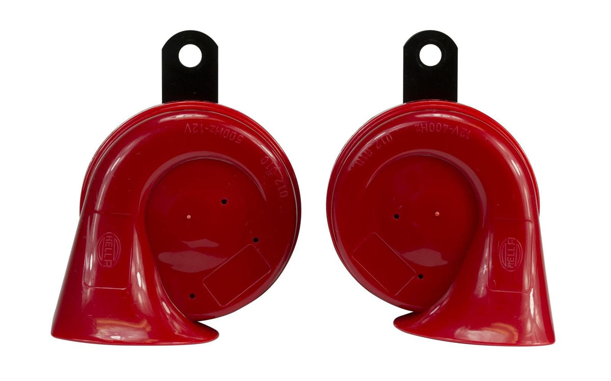 HELLA twin trumpet front view showing dual horns and robust finish for clear warning