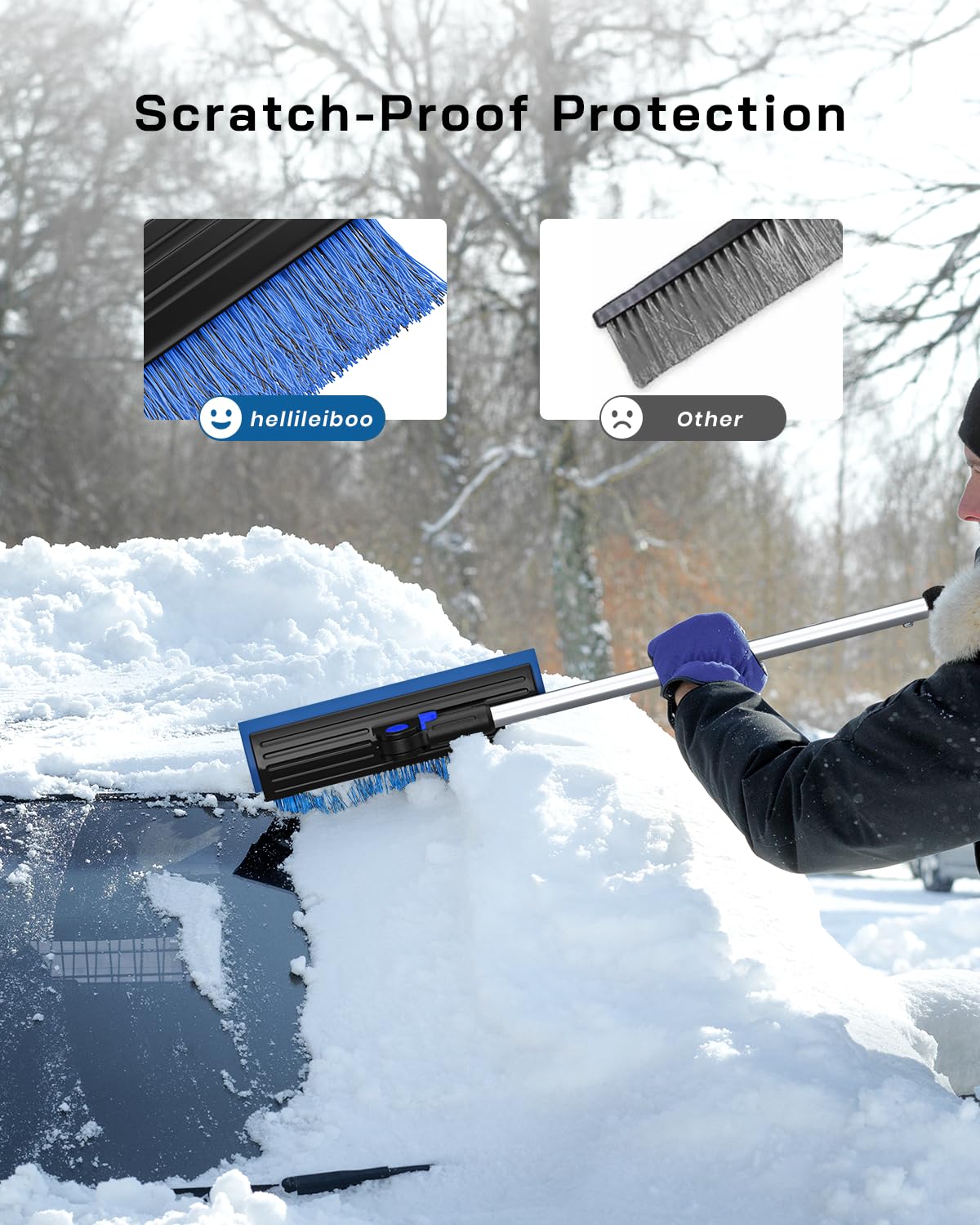 helloleiboo close-up of wide PVC bristles clearing snow without scratching paint