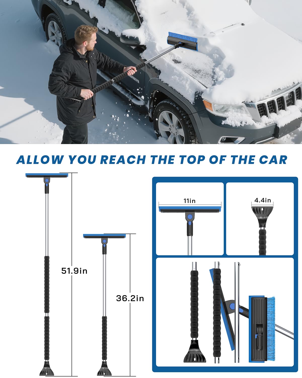 helloleiboo in-use on SUV roof clearing heavy snowfall with long reach advantage