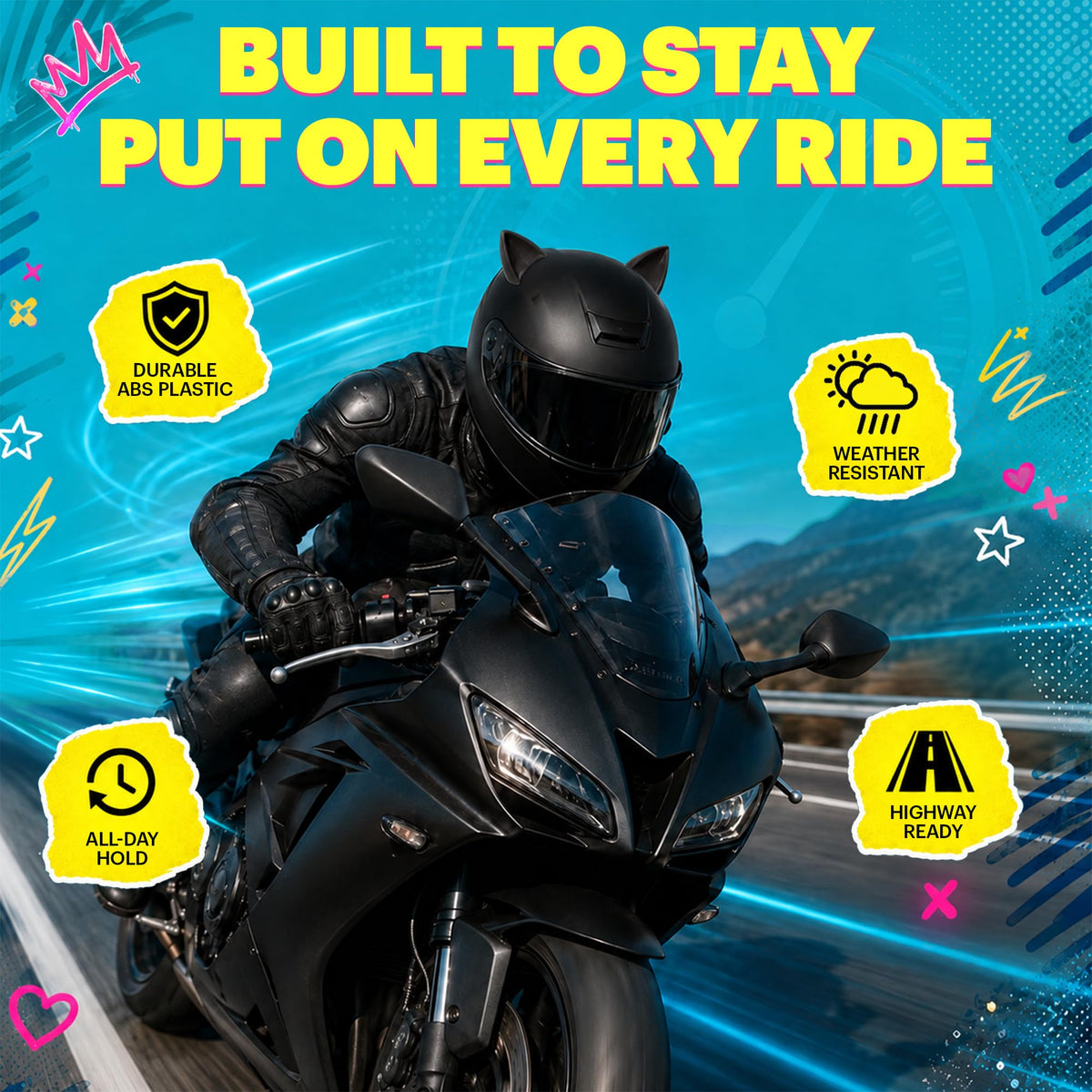 Helmet Flair cat ears on ski helmet in snowy setting showing weatherproof use and fun
