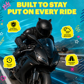 Helmet Flair cat ears on ski helmet in snowy setting showing weatherproof use and fun