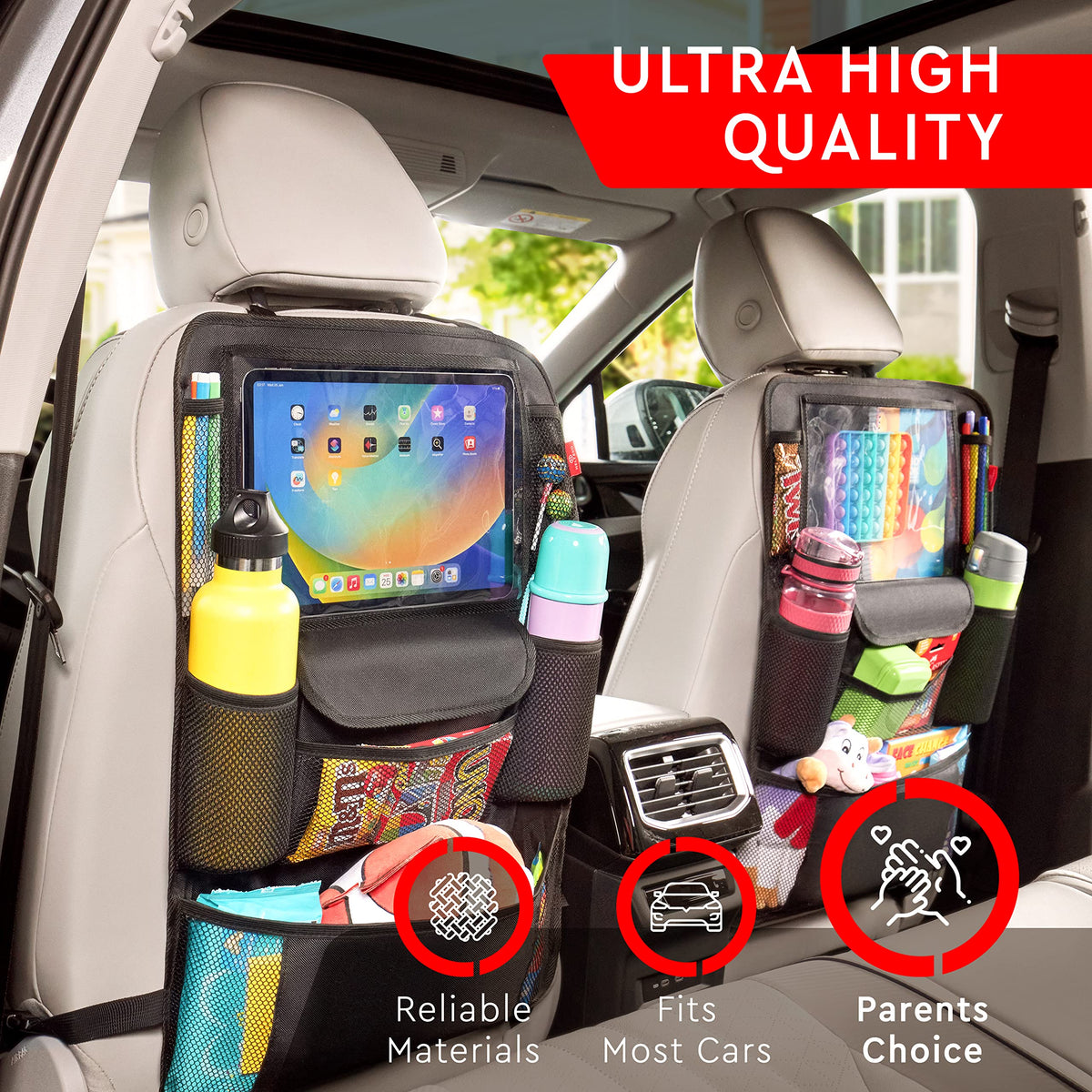 Helteko close-up of clear 12-inch tablet pocket allowing touchscreen use and charging