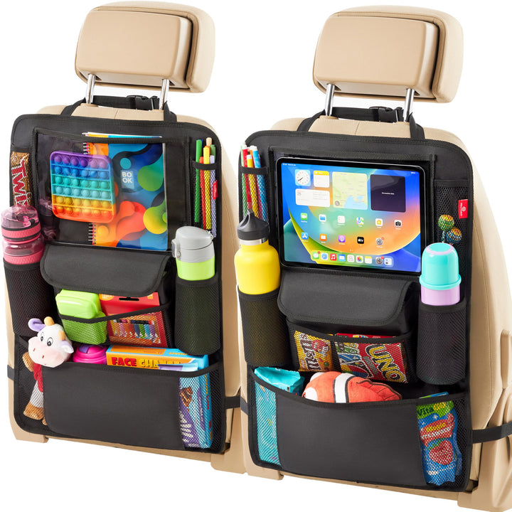 Helteko front view of two-pack organizer showing pockets and straps for tidy storage