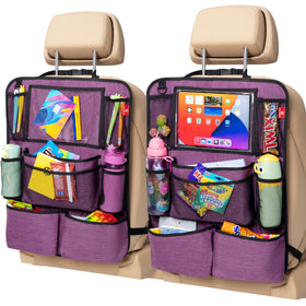 Helteko front view of violet backseat organizer showing pocket layout and protection