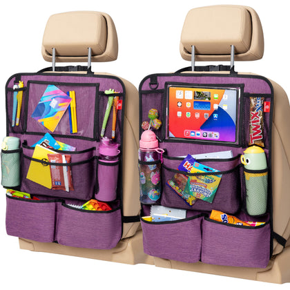 Helteko front view of violet backseat organizer showing pocket layout and protection