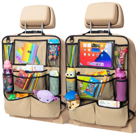 Helteko front view of both beige kick mats showing full seat protection and neat storage
