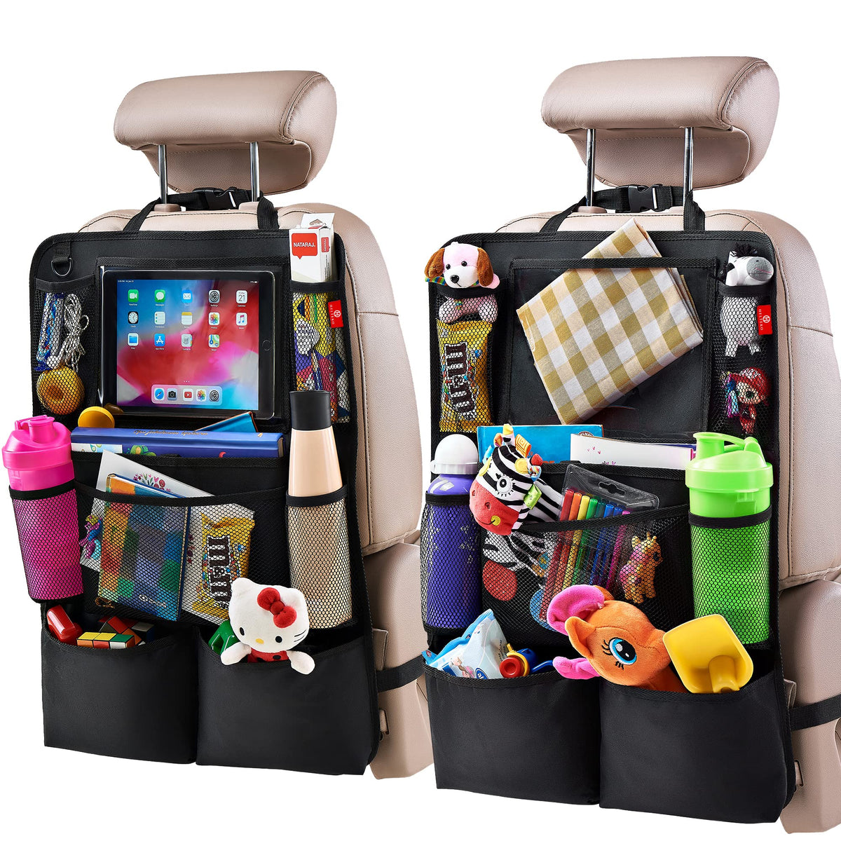 Helteko front view of both black kick mats protecting seats and organizing items