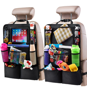 Helteko front view of both black kick mats protecting seats and organizing items