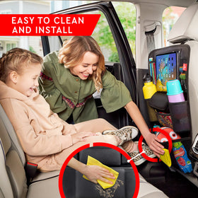 Helteko installed in a car backseat keeping upholstery protected and kids entertained