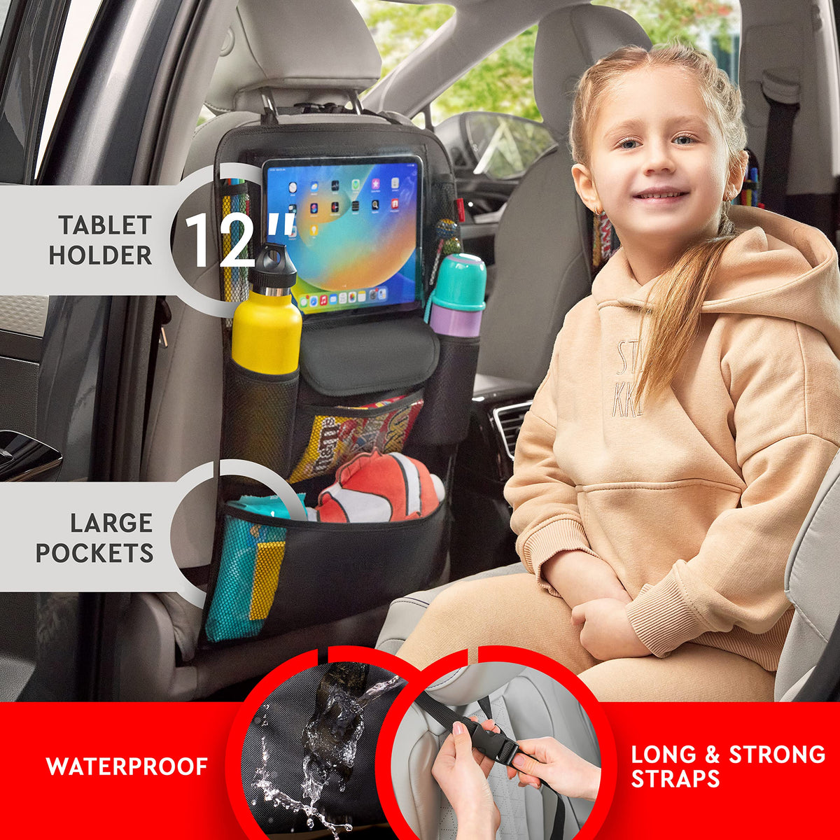 Helteko mesh and fabric pockets displaying bottle and toy storage convenience