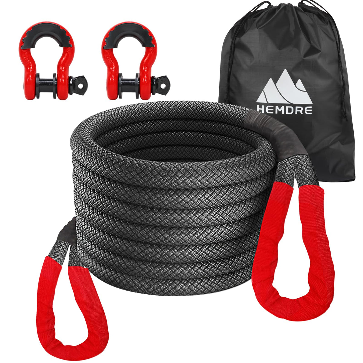 HEMDRE front packaging showing 1x30ft strap and included shackles for reliable recovery