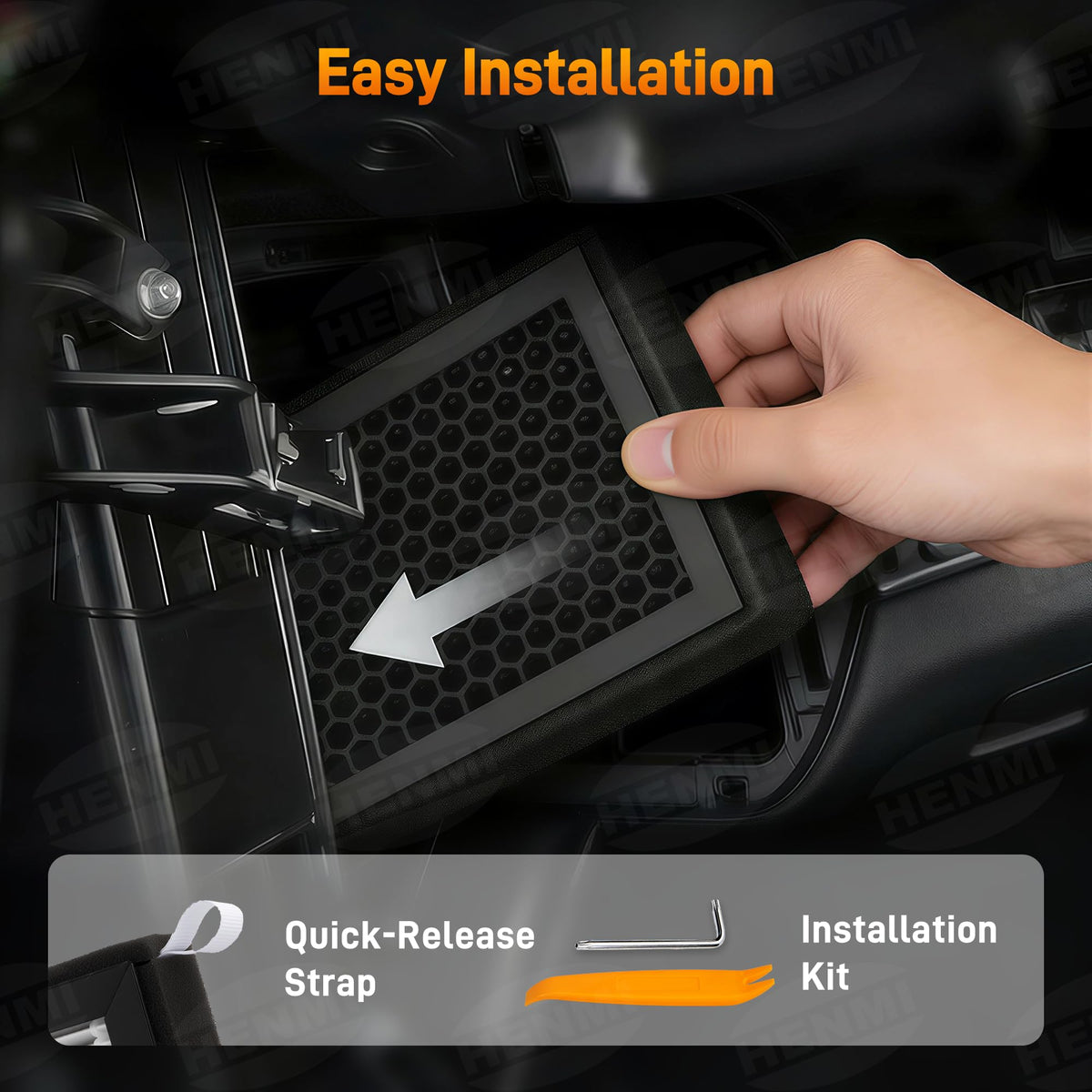HENMI filter being placed into Tesla cabin compartment, demonstrates simple fitment