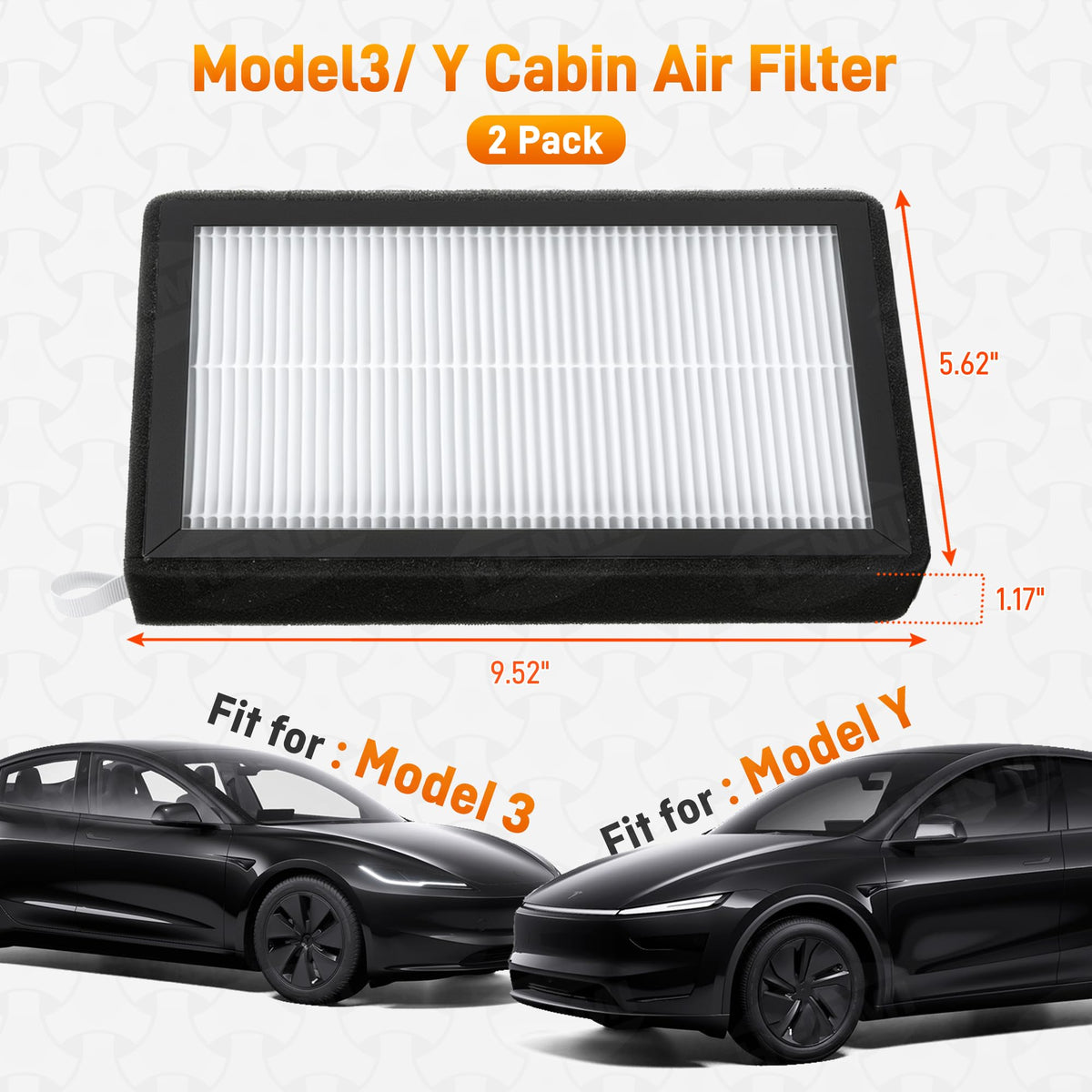 HENMI cabin filter held in hand for scale, shows correct size for Model 3 and Y