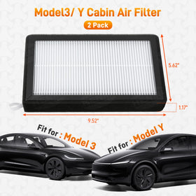HENMI cabin filter held in hand for scale, shows correct size for Model 3 and Y