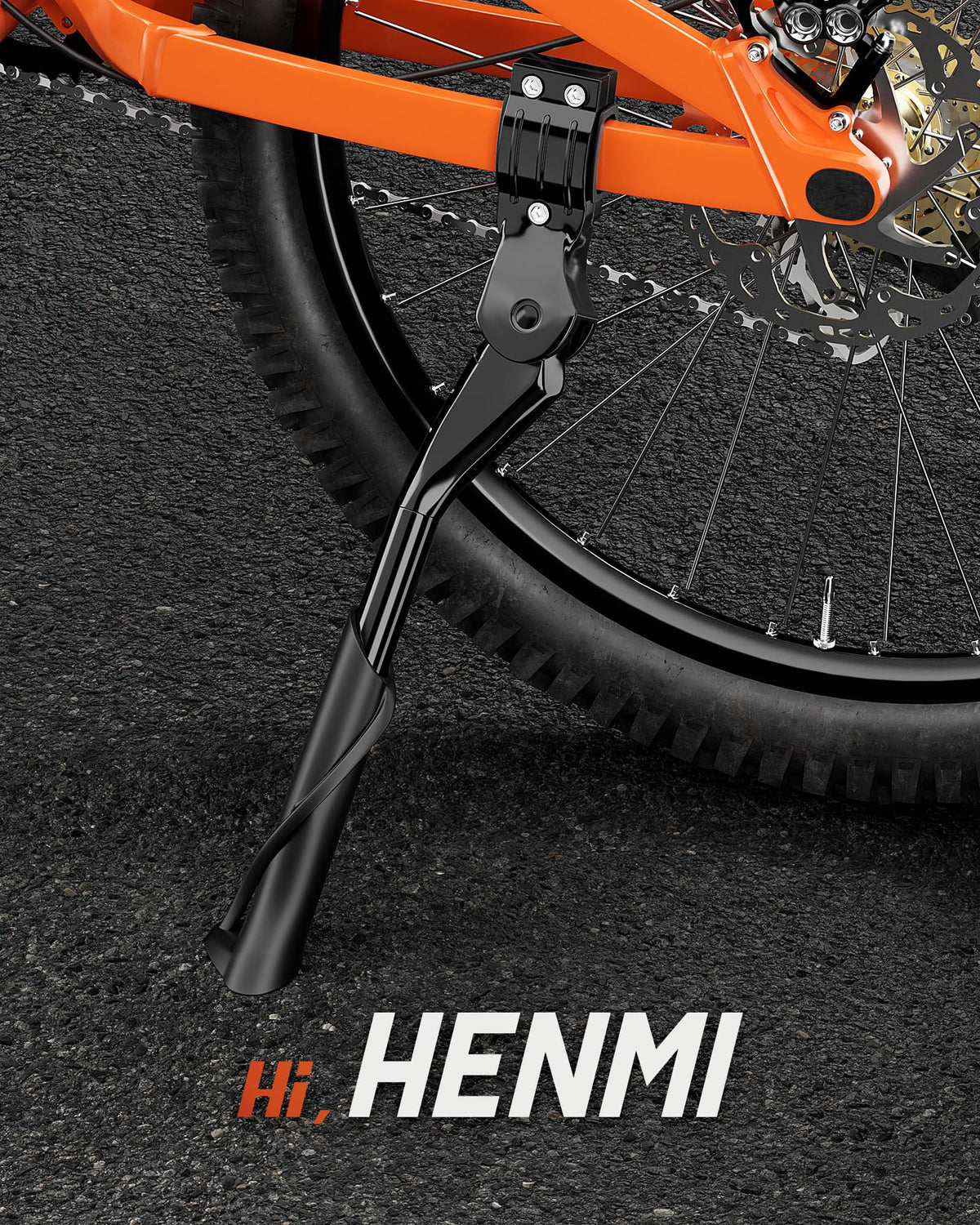 HENMI kickstand next to a hand showing size and lightweight portability