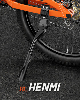 HENMI kickstand next to a hand showing size and lightweight portability