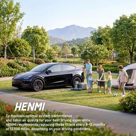 HENMI filter with Tesla interior on roadside, conveys fresher cabin air while driving