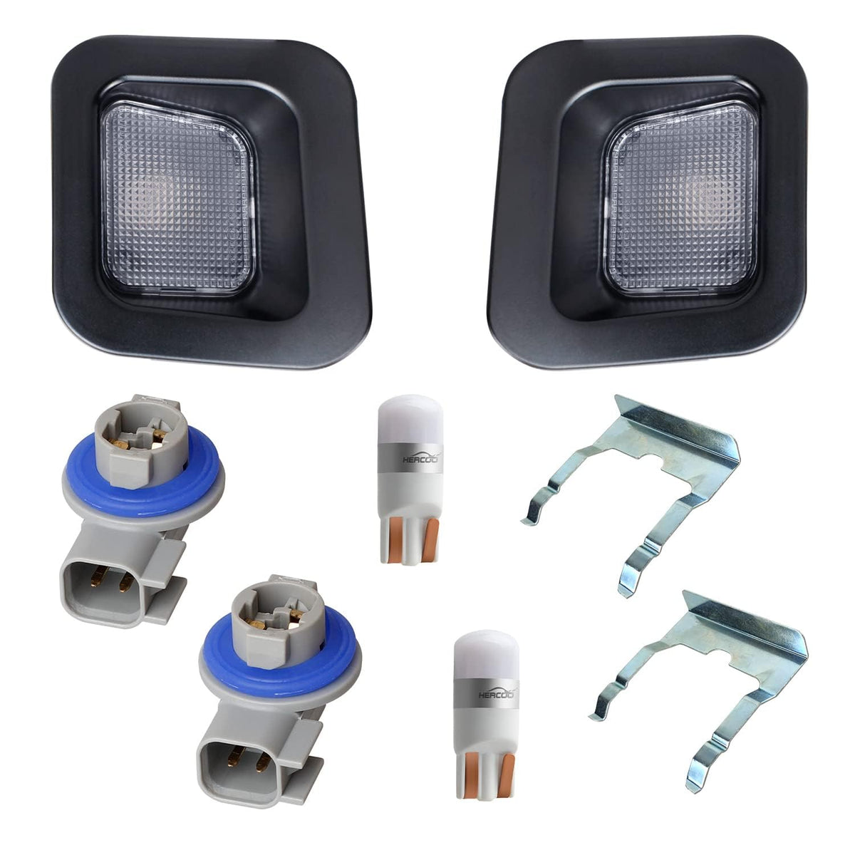 HERCOO front view license plate light assembly showing clean black finish and fit benefit
