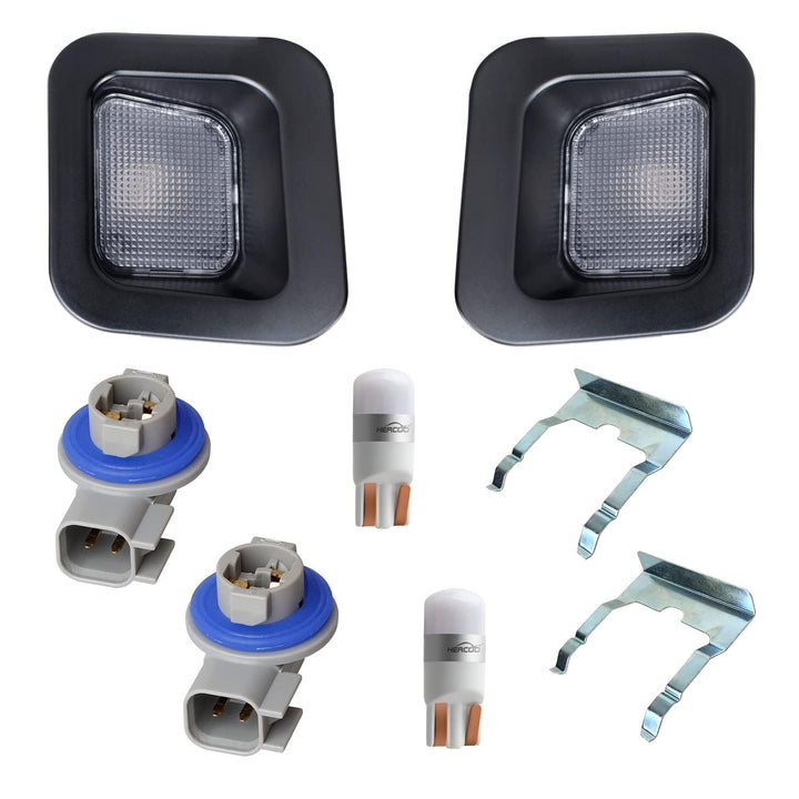 HERCOO front view license plate light assembly showing clean black finish and fit benefit
