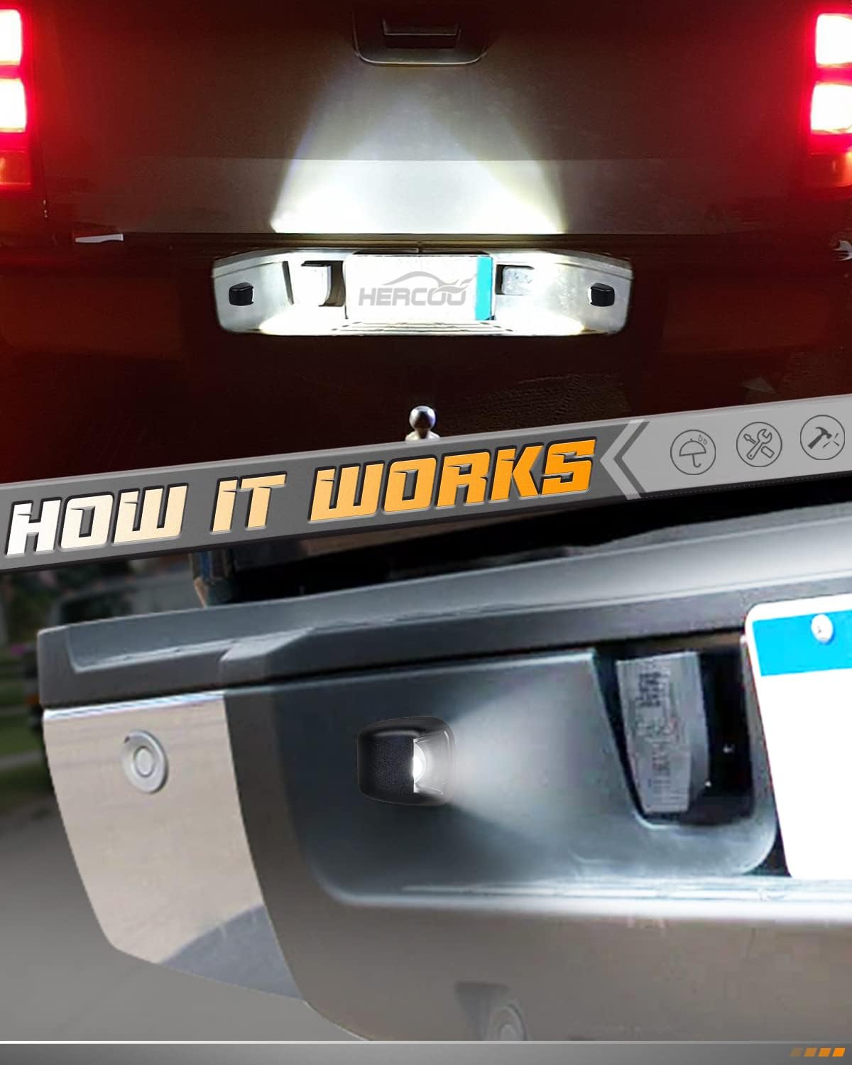 HERCOO lens installed on Nissan Frontier license providing bright white illumination