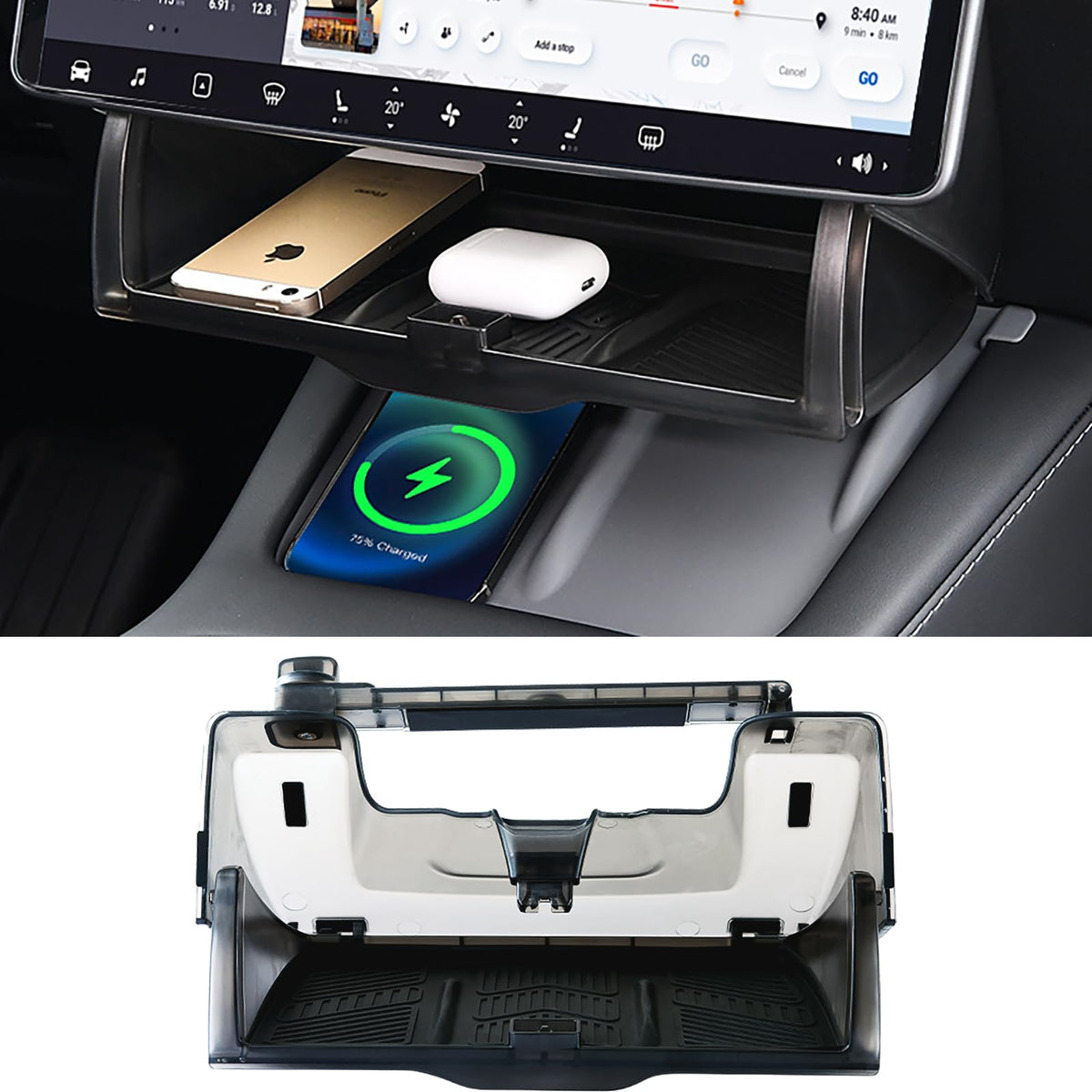 Heryvii front-installed under-screen tray showing clean fit and extra storage benefit