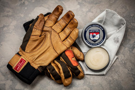 Hestra balm applied on leather glove in use, restores suppleness and water resistance