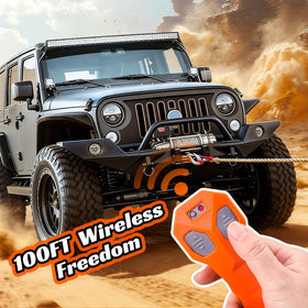 Heymaillc winch in use on ATV showing remote enabling safe distance operation