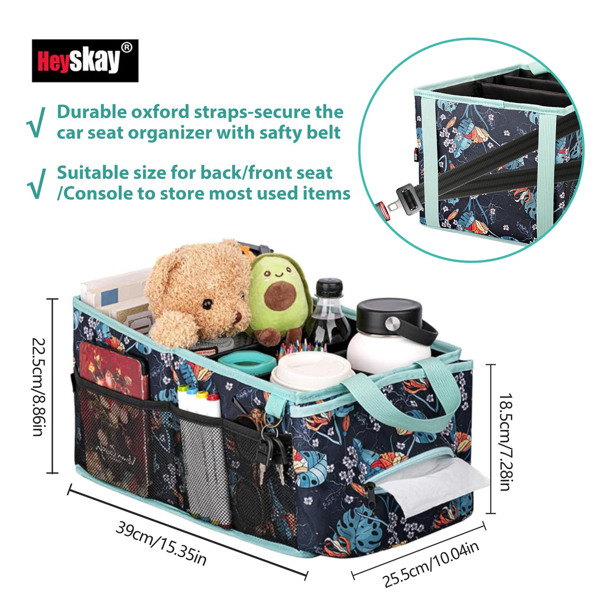HEYSKAY installed on backseat with toys and tablets for tidy travel