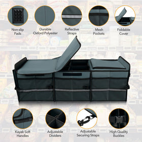 HEYTRIP folded flat beside car trunk demonstrating compact storage benefit