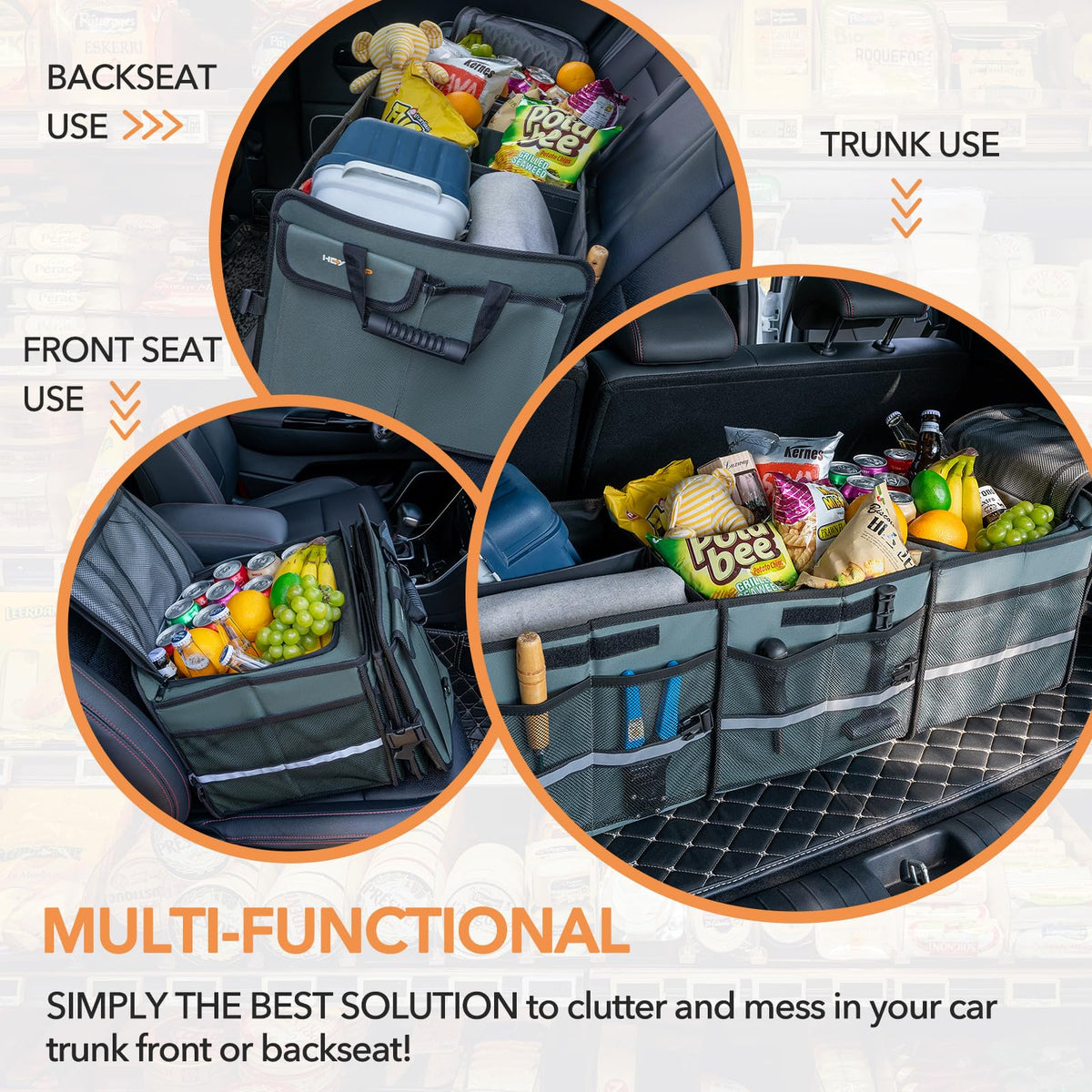 HEYTRIP loaded with grocery bags in vehicle trunk demonstrating secure fit