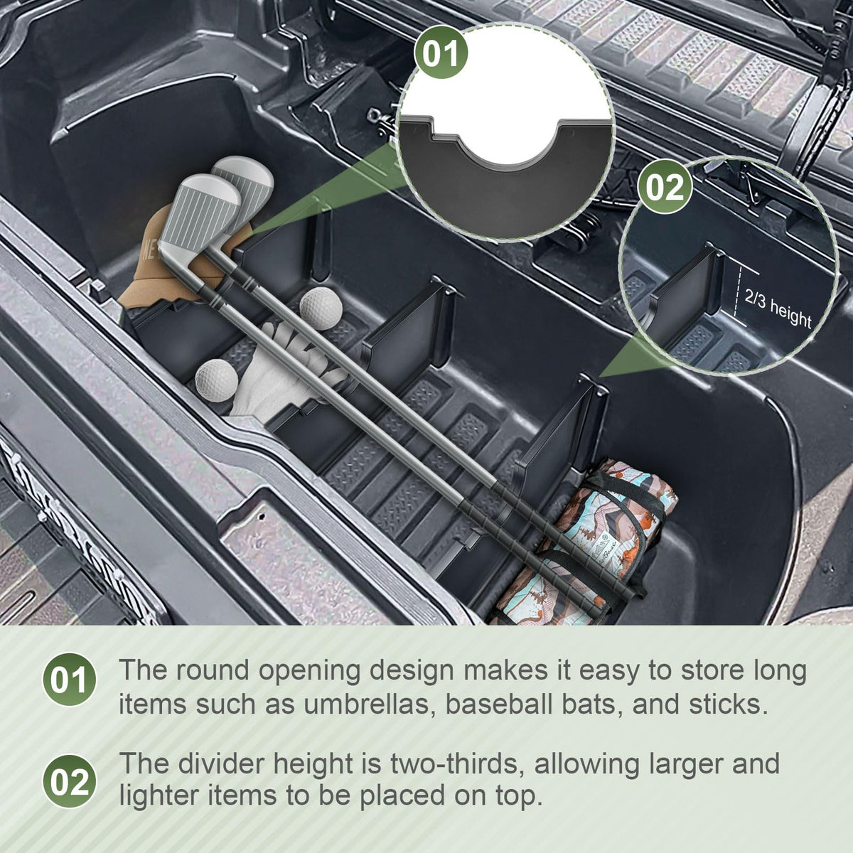 HGWEI installed dividers showing tidy trunk and anti-roll benefit