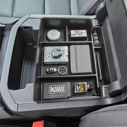 HGWEI front view of console organizer showing compartments and tidy storage benefit