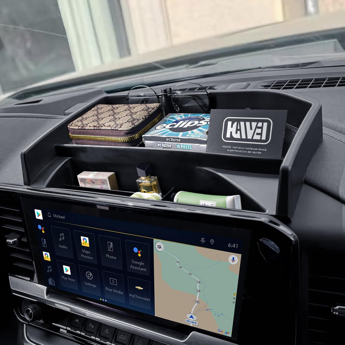 HGWEI front view of center console organizer showing tidy compartments and fit