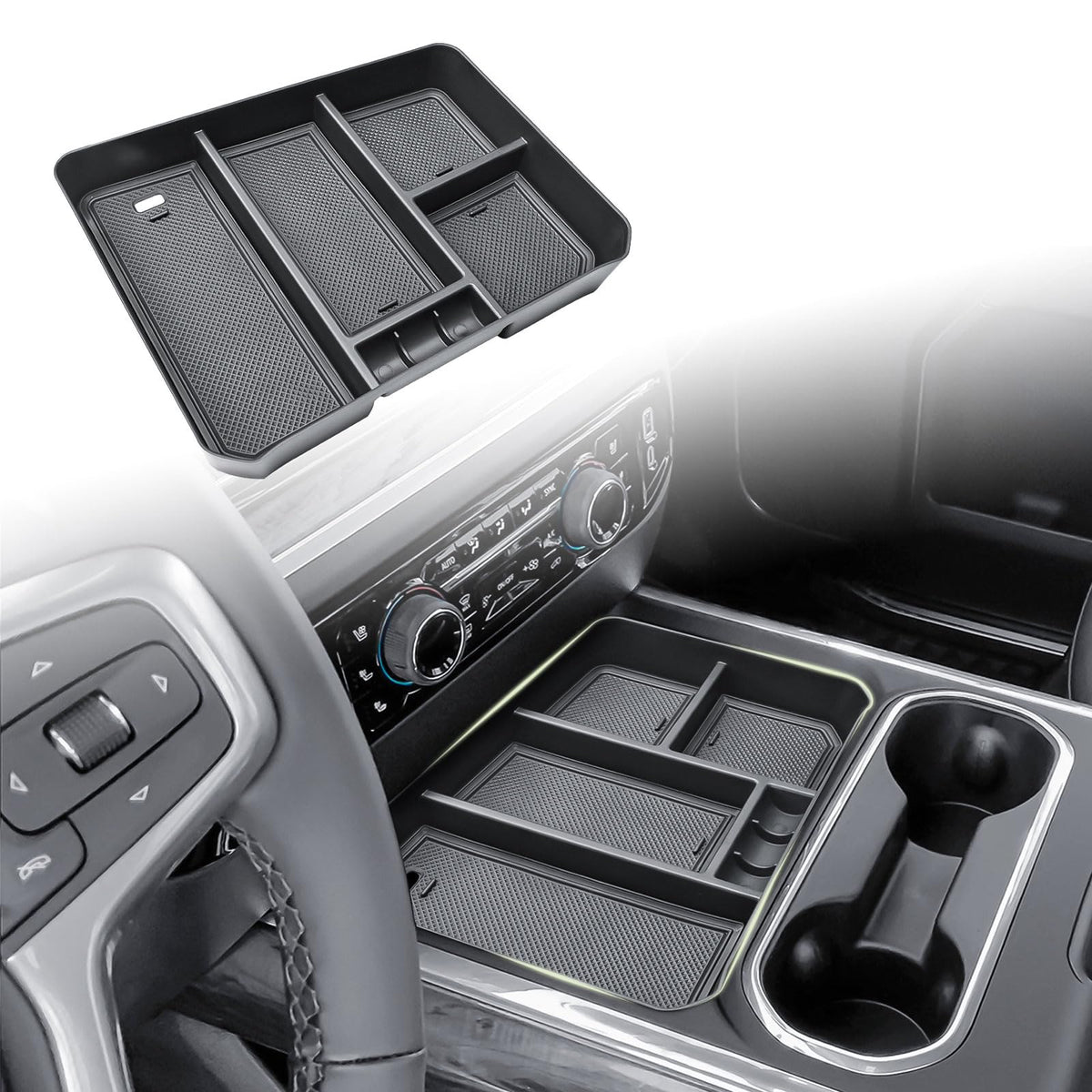 HGWEI front view console organizer showing tidy two-tier storage and easy reach benefit